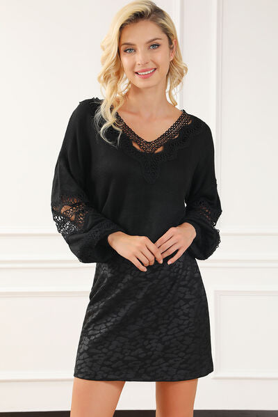 Openwork V-Neck Raglan Sleeve Sweater