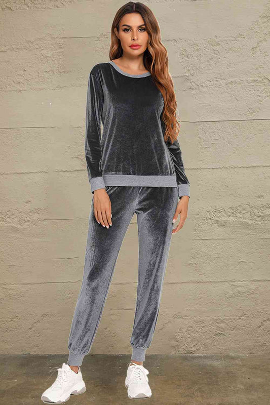 Round Neck Long Sleeve Loungewear Set with Pockets