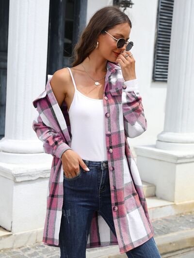 Plaid Belted Collared Neck Button Up Jacket