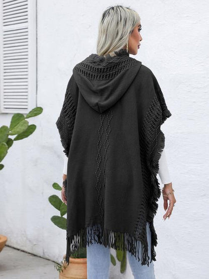 Fringe Trim Buttoned Hooded Poncho