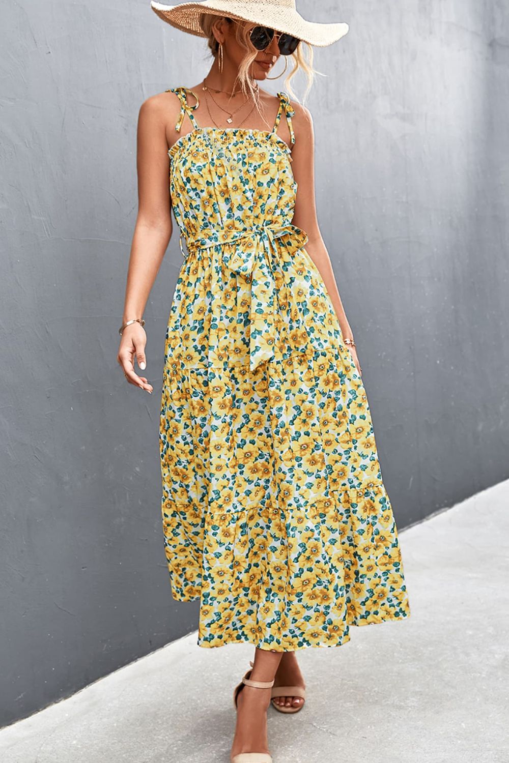 Floral Tie-Shoulder Belted Dress