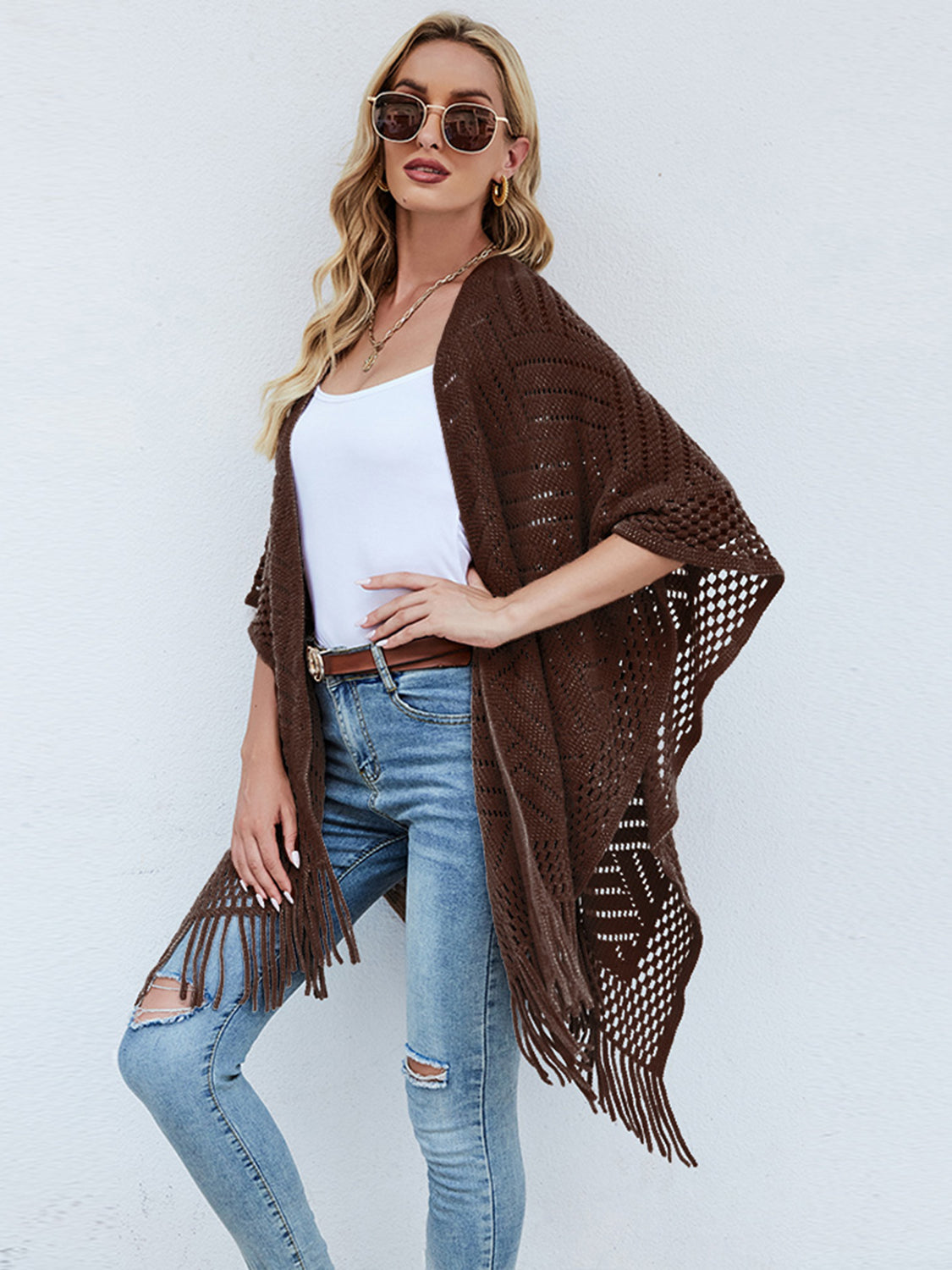 Fringe Hem Open Front Poncho