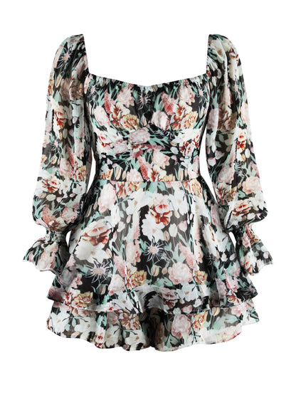 Women's Floral Print Sweetheart Puff Sleeve Rompers
