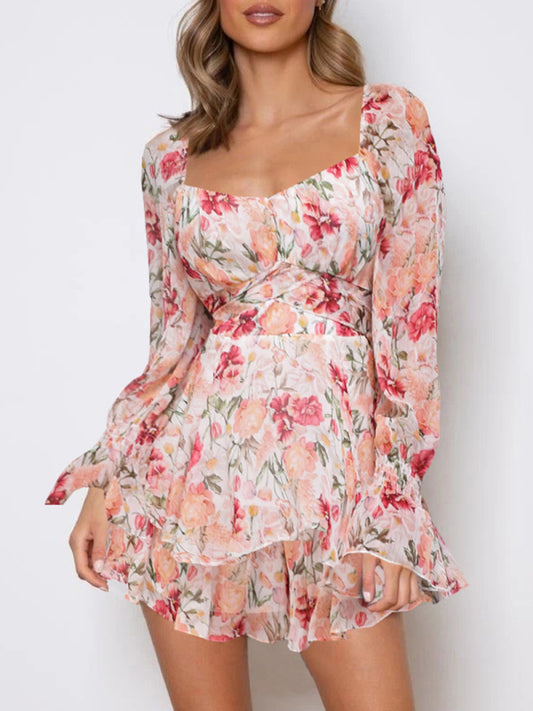 Women's Floral Print Sweetheart Puff Sleeve Rompers
